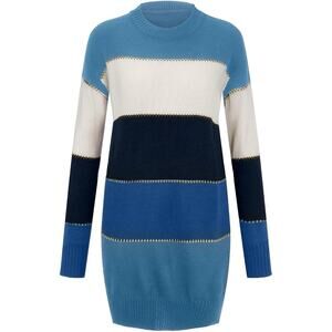 Blue Color block‎ Long Sleeve Sweater Bodycon Crewneck Knit Dress Size Small